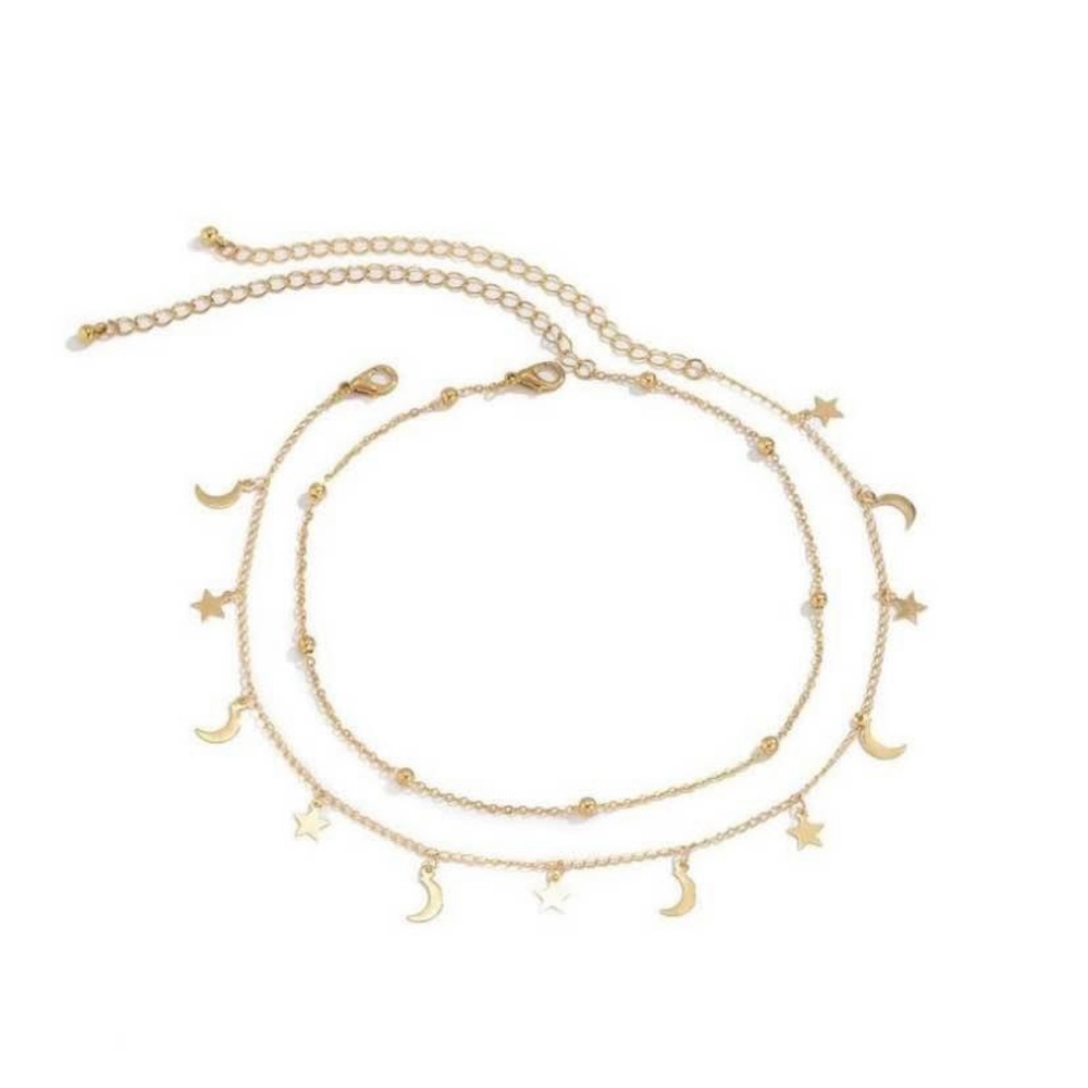 18K Gold Plated Moon Star Charm Necklace Layering Chain Choker for Women - Picture 3 of 4